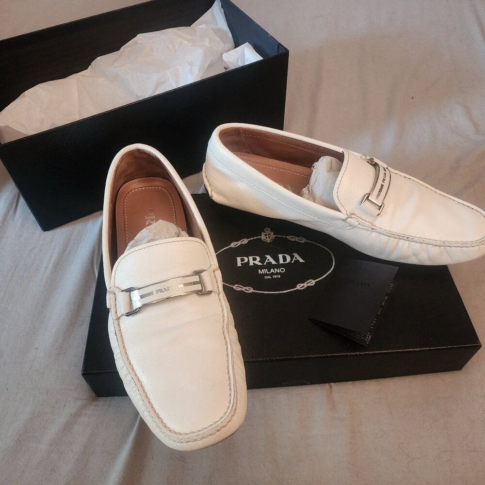 Prada Milano Saffiano Men's Leather Driving Shoes — Size 9 — White — Authentic